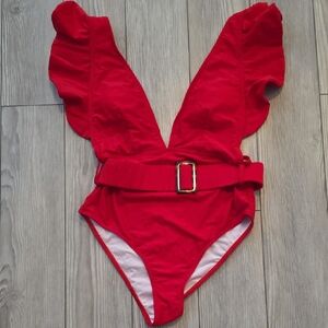 Cupshe Red Ruffle One-Piece Swimsuit with Belt
